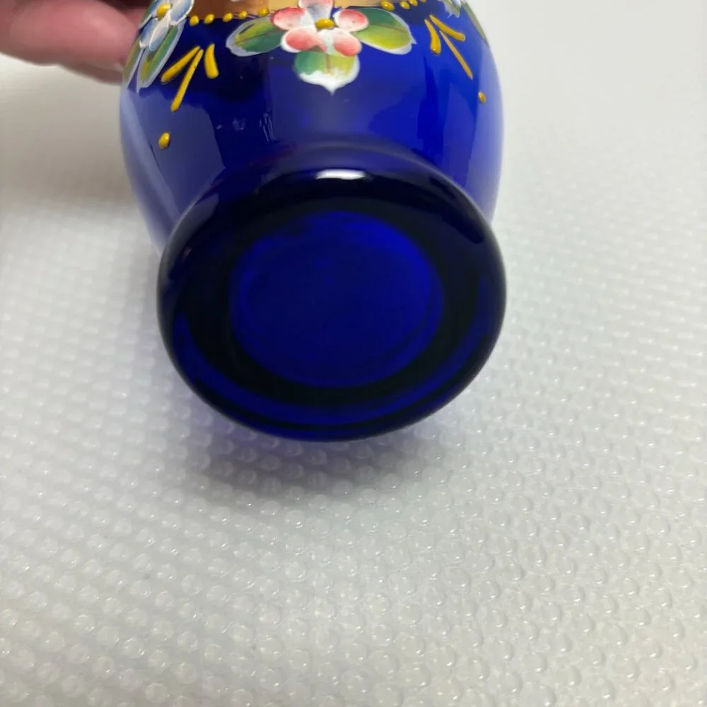 Hand Painted Venetian Style Vase Blue w/Flowers and Gold Trim